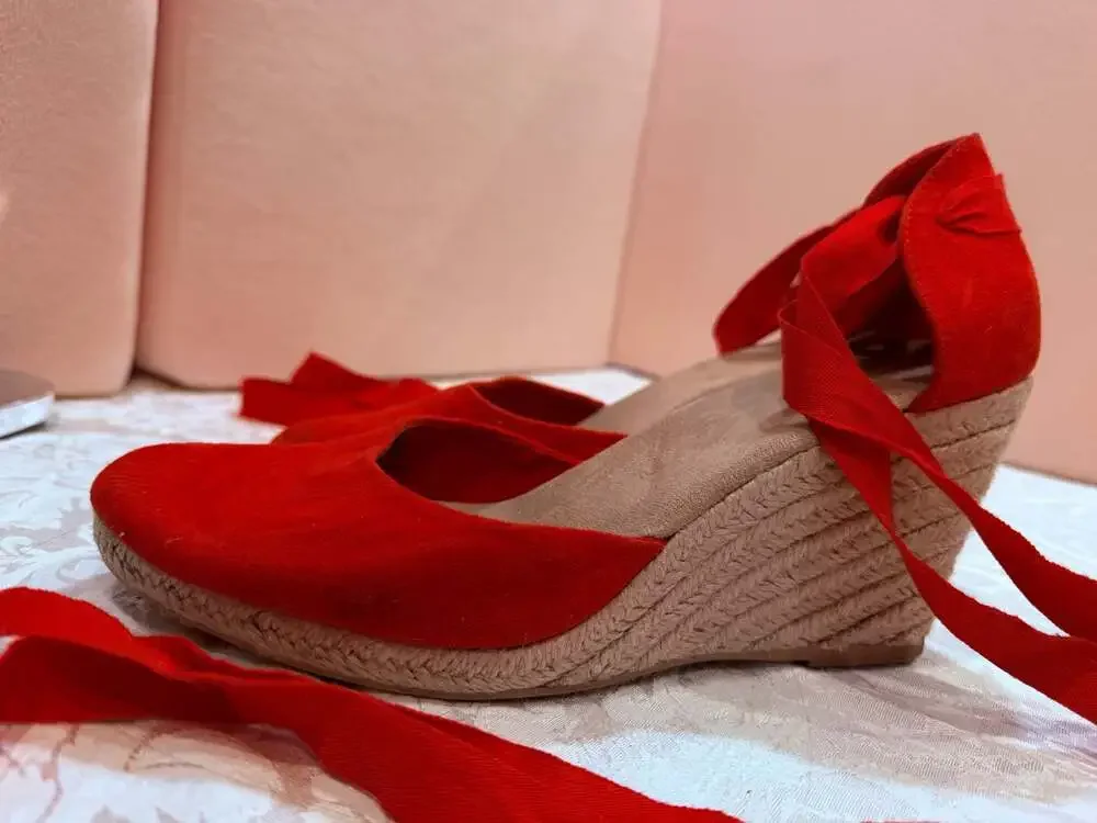 Old Navy Red Lace Up Espadrille Wedge Sandals